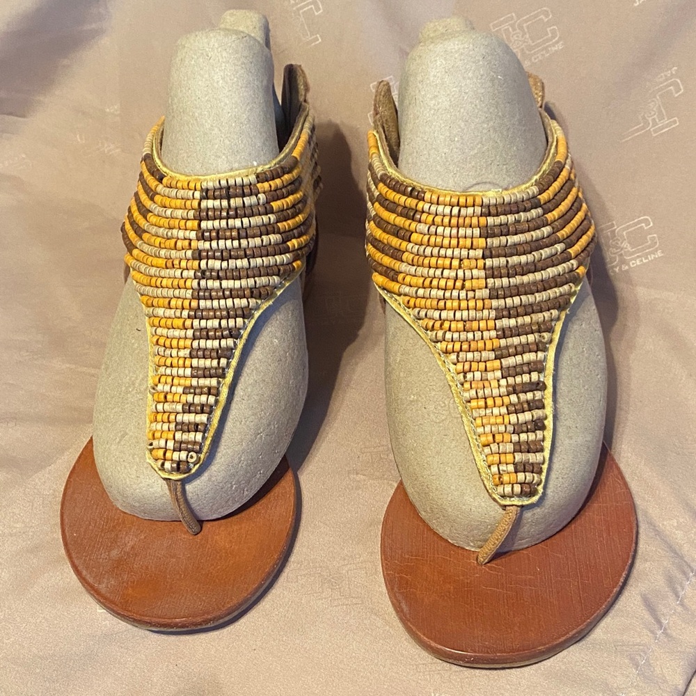 Diba Beaded Thong Sandals in Brown and Yellow